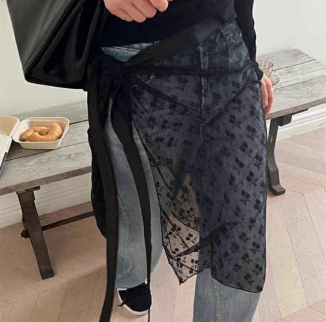 플라워 레이스 레이어드 오픈 망사 롱 랩스커트