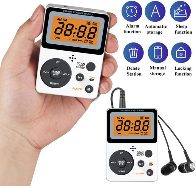 LCD 디스플레이가 있는 미니 FM AM 라디오 듀얼 밴드 라디오 수신기 헤드폰 지원 알람 시계 수면 타이머 2 AAA 배터리 공급 35mm, 3.for USA
