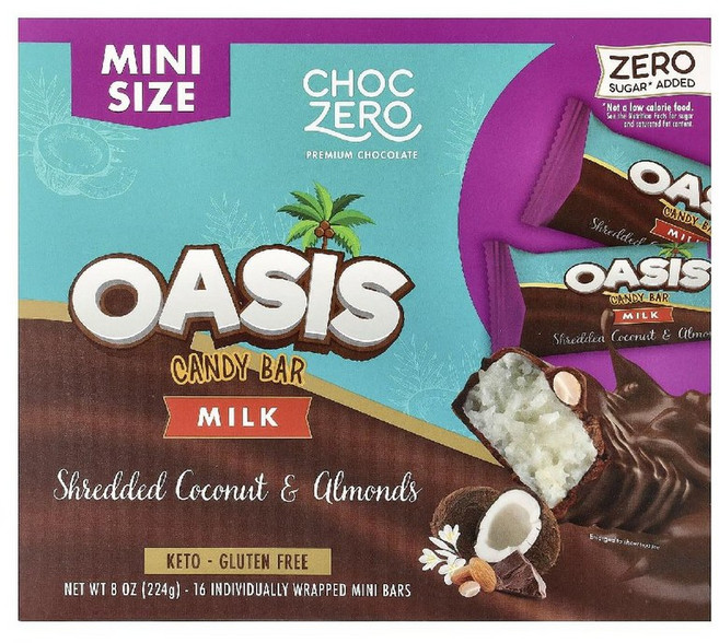 ChocZero 오아시스 캔디 바 우유 잘게 썬 코코넛 아몬드 개별 포장된 미니바 16개 각 14g, 16 개