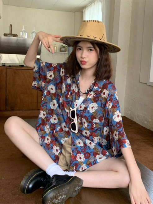 夏威夷花襯衫女夏季沙灘寬鬆復古短袖襯衣