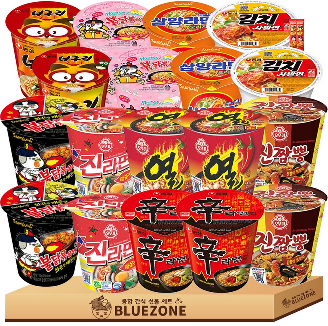매운맛 소컵라면 불닭2개 까르보붉닭2개 삼양라면2개 신라면2개 얼큰너구리2개 진라면매운2개 열라면2개 진짬뽕2개 왕뚜껑2개 라면스틱2개, 1박스