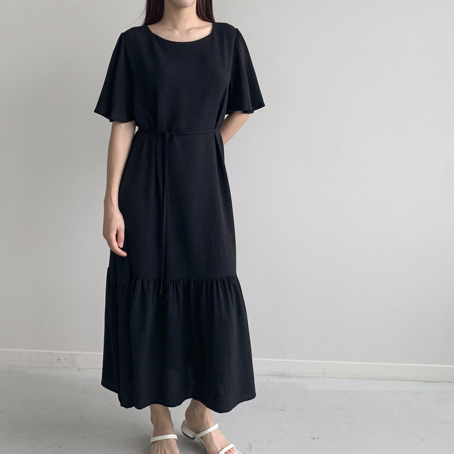 [행복여] 바넬 플레어 날개 소매 끈세트 롱 원피스