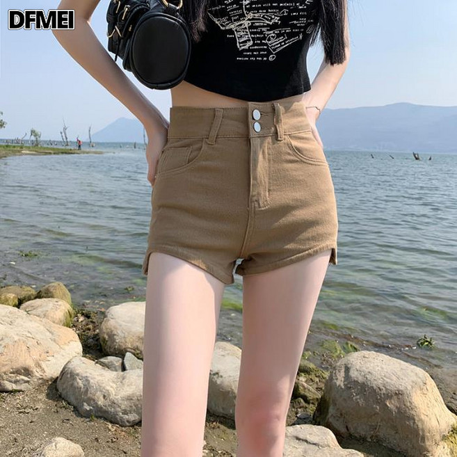 QRU 白色牛仔短褲女夏季新款高腰顯瘦彈力緊身設計感辣妹熱褲子