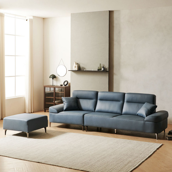 [저스틴퍼니처]브루스 천연면피 통가죽 4인 소파+스툴, 딥블루