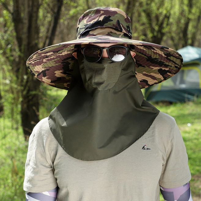 男士夏季防曬大沿帽, 迷彩2軍綠大簾子