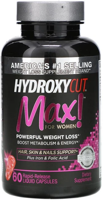 Hydroxycut Max! For Women 하이드록시컷 맥스 포 우먼 60 속방형 액상캡슐 엽산 비오틴 철분 카페인 하이드롤라이즈드콜라겐 L시스테인 L메티오닌 함유, 60개, 60정 - 쿠팡