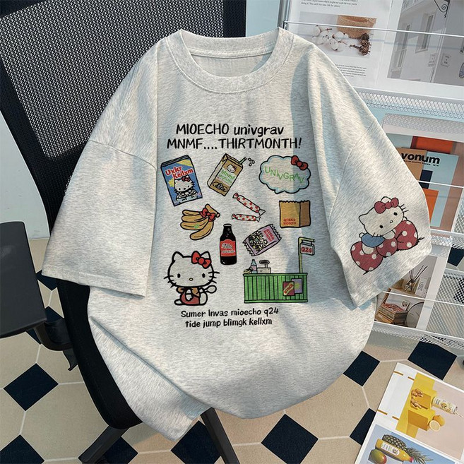 다나에 남녀공용 헬로키티 도파민 순면 반팔 티셔츠 루즈핏 상의 +Integrated International Trade Co. Ltd 머리핀
