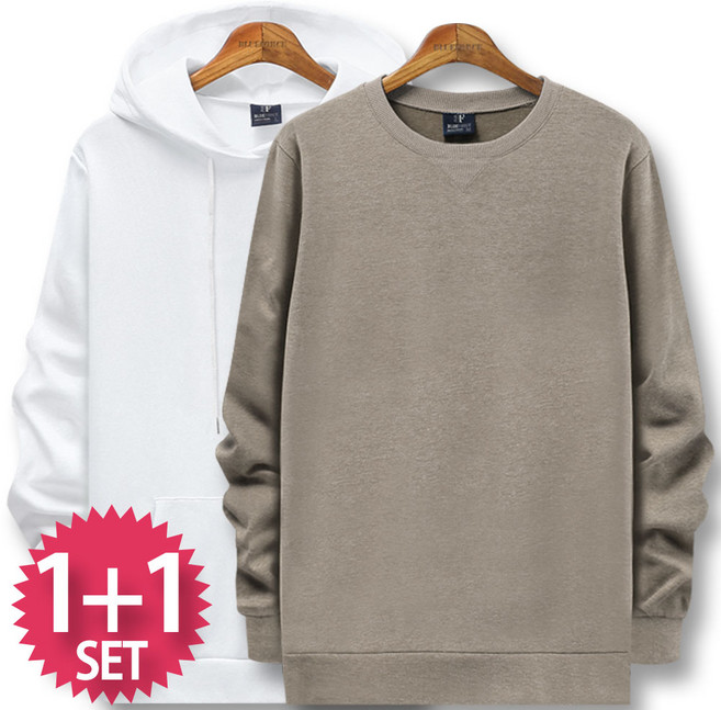 블루포스 심플 맨투맨 + 트렙 후드티 [2장 묶음] 무지 남자 긴팔 티셔츠 남성 빅사이즈 운동복 가을 단체티 커플티 츄리닝