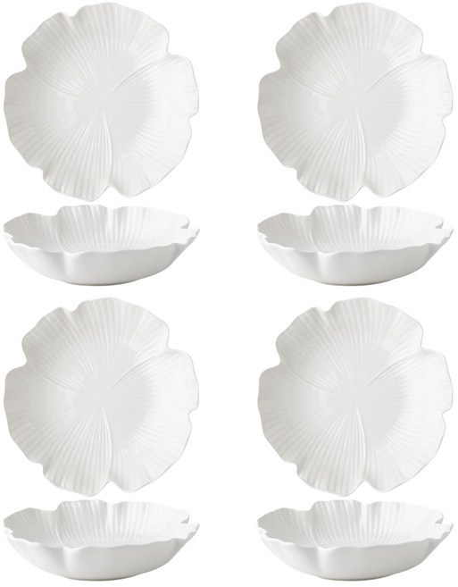 MorningSea 유럽 화이트 꽃잎 접시 예쁜 파스타접시 샐러드 접시 20CM 500ML, 4개
