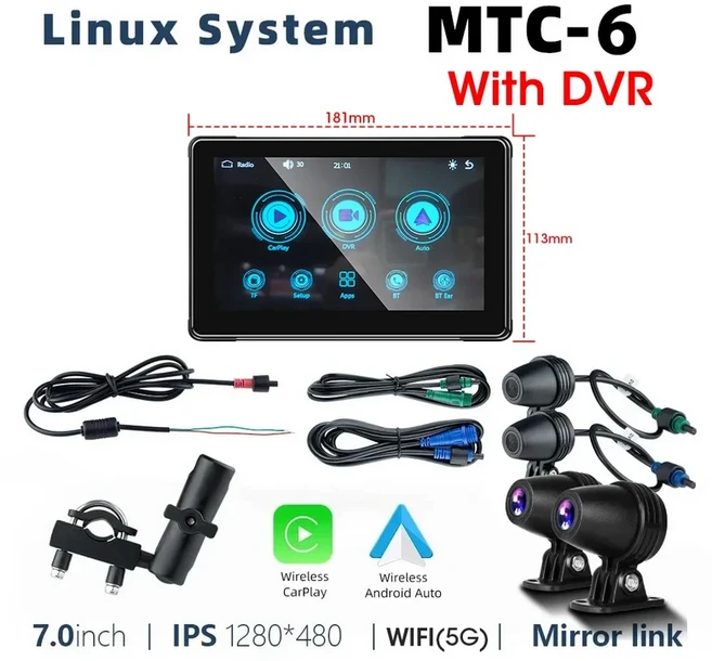 Srnubi 7 인치 오토바이 휴대용 네비게이션 GPS 무선 Carplay 안드로이드 자동 IP67 방수 터치 스크린 디스, 06 MTC-6 DVR -TPMS