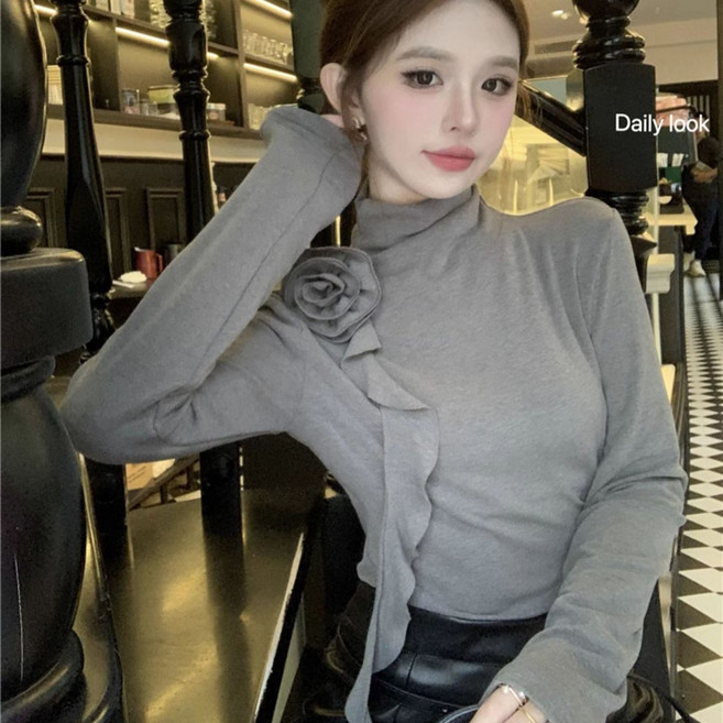 봄 가을 여성 목폴라티 슬림핏 반폴라 이너티 목폴라 긴팔티 캐주얼 여자 얇은 긴팔 티셔츠 YJW