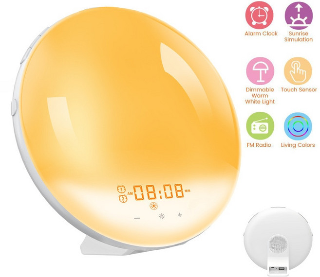 Alarm Clock Wake Up Light with Sunrise/Sunset Simulation Dual Alarms and 7 Colour Lamp FM Radio