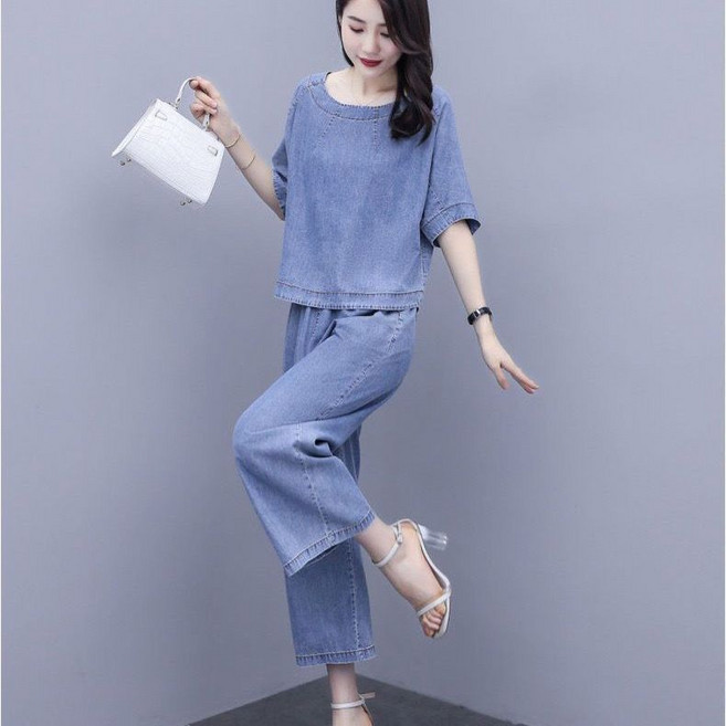 중년 여성 데님 세트 캐주얼 봄 여름 반팔 데님 상의 9부 청바지 상하의 투피스 루즈핏 데님 투피스 세트 CY