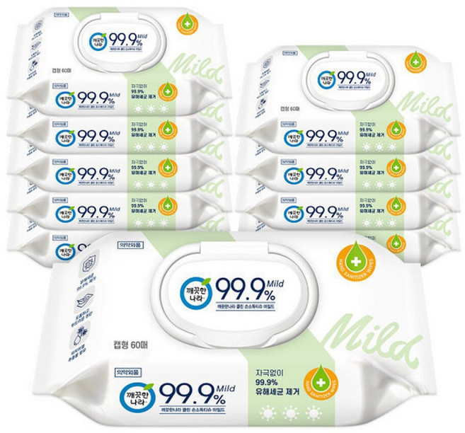 깨끗한나라 클린 손소독티슈 마일드 캡형 60매 10팩, 10박스