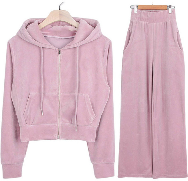 POMTOR 벨벳 후드 집업 세트 가을 루즈핏 캐주얼 패션 여성 투피스