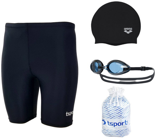 TS스포츠 남자 4부 수영복 실내 강습용 비치 아레나 수경 수모 4종세트