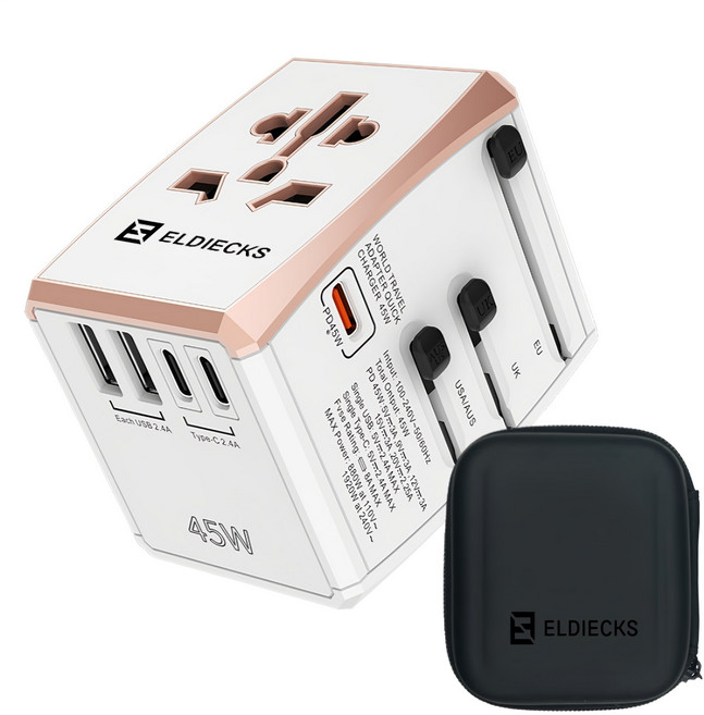 엘디엑크스 5포트 고속충전 PD45W 해외 여행용 멀티 플러그 어댑터, 화이트, 1개