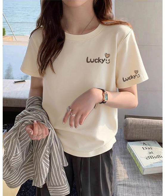 100%純棉 短袖T恤女 字母印花寬鬆上衣 圓領短袖T恤 韓版上衣