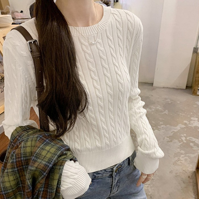 cammello 허리잘록핏 라운드넥 꽈배기 기본핏 니트 여성 긴팔 니트티