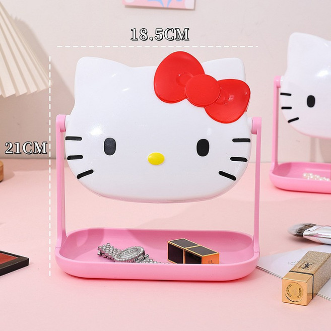 산리오 헬로키티 탁상 스탠드 360도 회전 수납 화장대 거울, 화이트-레드 리본