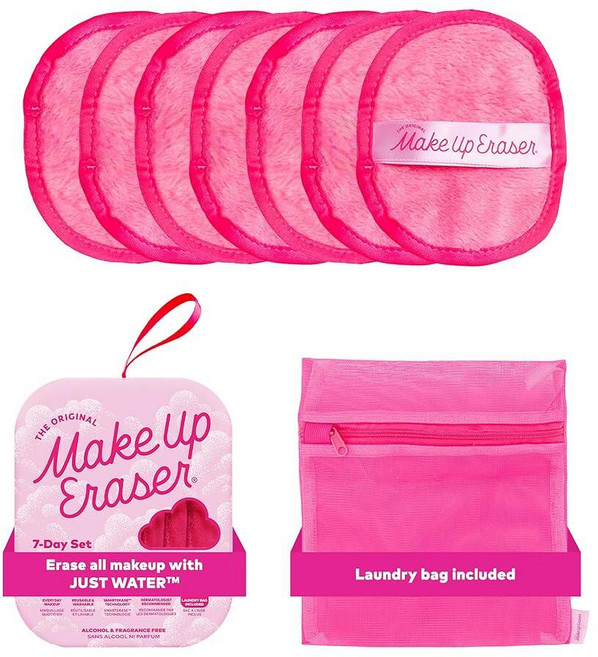The Original MakeUp Eraser 7일 세트 방수 마스카라 아이라이너 파운데이션 립스틱 자외선 차단제 등을 포함한 물만으로 모든 메이크업을 지울 수 있습, Original Pink