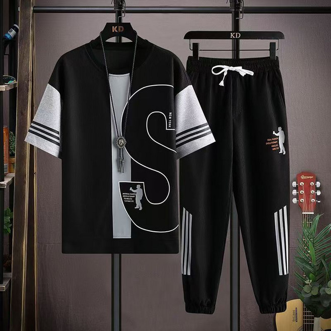 AREVI 여름 남자 트레이닝 세트 라운드넥 순면 신상품 루즈핏 레저 반팔 7부 바지 세트