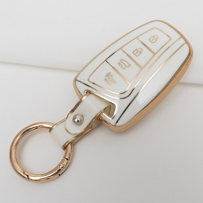 현대 싼타페 그랜저 호환 차 키 케이스 홀더 커버 스마트 리모컨 TPU 원형 스트랩, 4버튼_TA63-KH13, 화이트