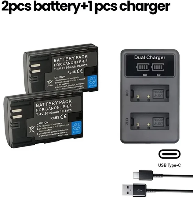 캐논 카메라용 LP-E6 2650mAh 7.4V 배터리 또는 LED 듀얼 충전기 (EOS 5D Mark II 2 3 6D R XC10 호환), 1개, 03 2battery1charger