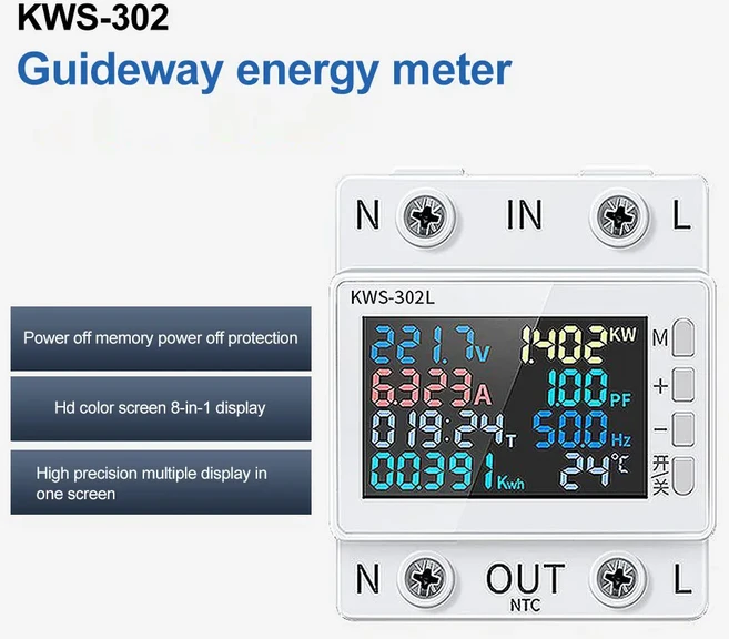 KWS-302WF WiFi 8 in1 전력계 컬러 스크린 2P 다기능 AC 에너지 미터 모바일 폰 원격으로 APP 제어 AC170-3, 02 KWS-302
