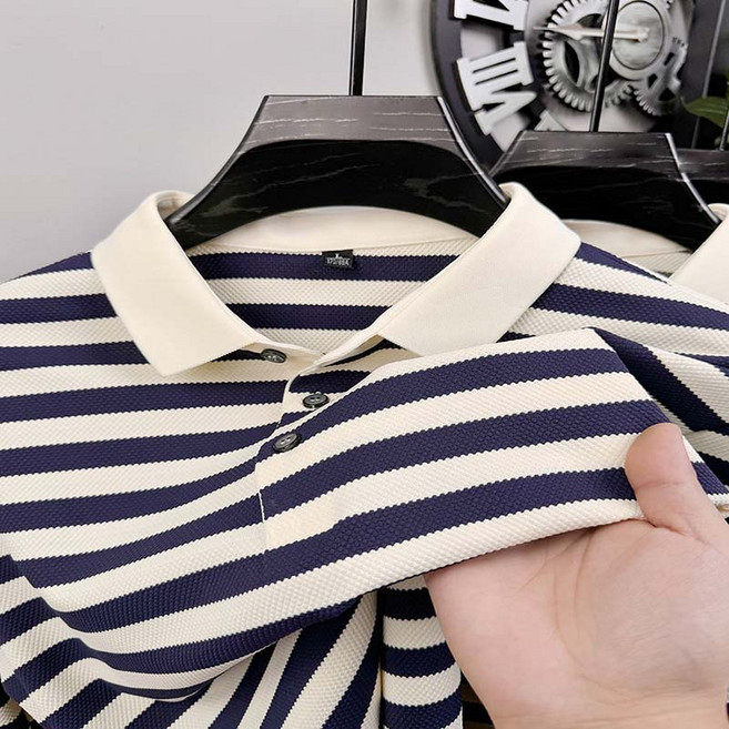 남성용 봄 가을 스트라이프 긴팔 티셔츠 고급 카라 폴로셔츠 루즈핏 데일리 코디템 베이직 줄무늬 상의