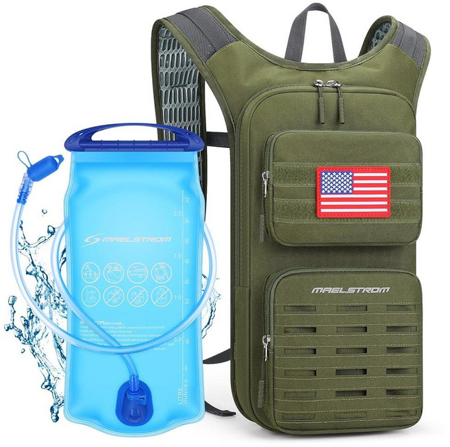 Maelstrom Hydration Backpack with 2L Water Bladder Tactical Molle for Men Women Hydration Pack Hik, Army Green