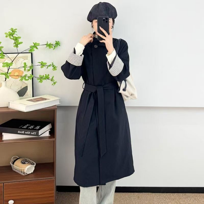 AOKADA 여성 봄 가을 카라넥 캐주얼 롱 하프 코트