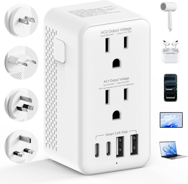 파워플로븐 2500W 220V에서 110V 전압 변환기 미국 및 유럽으로 업그레이드 USB-A 2 USB-C 포트 2개와 헤어 드라이어용 영국AU미국IT유럽아시아 여행 콘센트