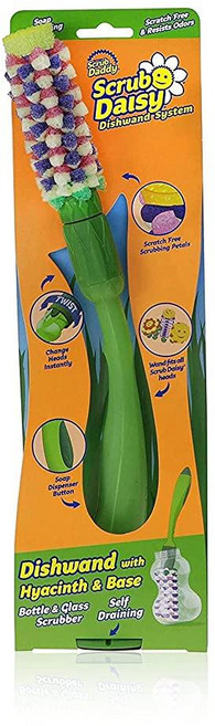 Scrub Daddy 700BH8CT 스크럽 데이지 접시 지팡이 시스템-긁힘 방지 및 냄새 헤드 비누 디스펜싱 봉 자체 배수 베이스 포함 - 히아신스 병 유리 스크러버, 1개