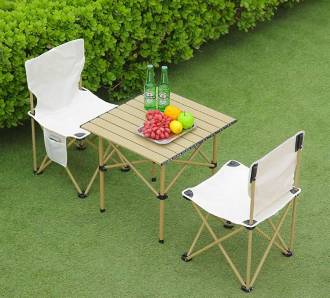 하루꿈 캠핑 테이블 의자 세트 2인/4인 접이식 피크닉 휴대용 야외 경량 롤테이블 체어, 아이보리