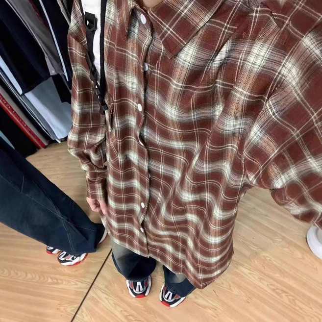 美式潮牌格子長袖襯衫