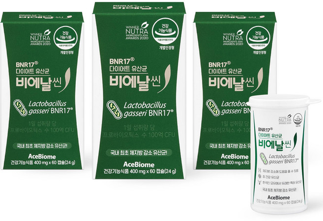 3위 - 비에날씬 BNR17 다이어트 유산균 3박스(400mg*60캡슐*3박스/12주분), 60정, 3박스