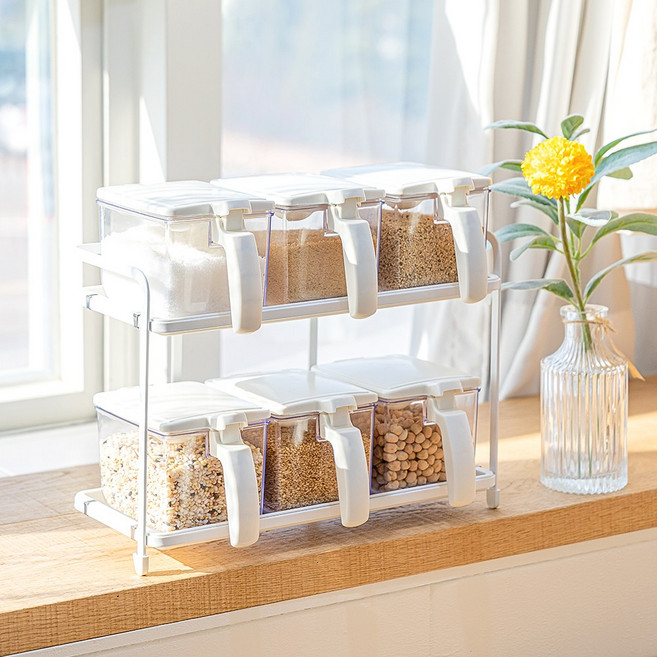 프랑코 밀폐 양념통 6P+선반 세트, 색상:화이트, 화이트