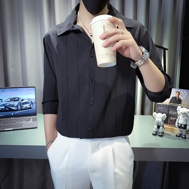 夏季肌理豎條紋短袖襯衫男士修身五分袖襯衣痞帥休閒垂感簡約休閒