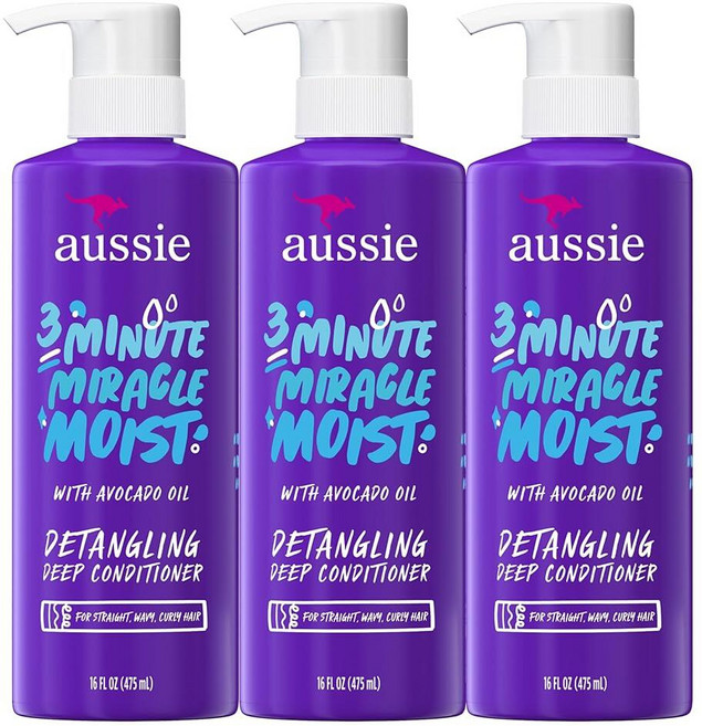 Aussie 딥 컨디셔너 아보카도 3미닛 미라클 모이스트 건조한 모발용 473ml 3개 세트, Aussie 딥 컨디셔너 아보카도 3미닛 미라클 모이스