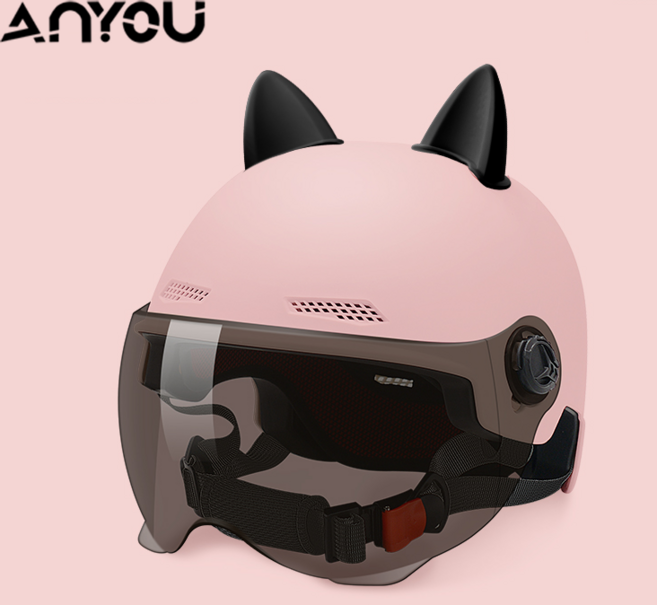 ANYOU 자외선 차단 고글 고양이 귀 안전 헬멧, 자외선 차단 짧은 쉴드+핑크