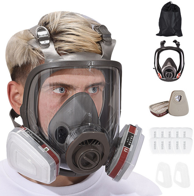 전면형 방독면 화학 공업 농약 페인트 방독마스크 세트 마스크 본체+ 정화통 2 + 면필터 10 + 덮개 2, 블랙, 1개