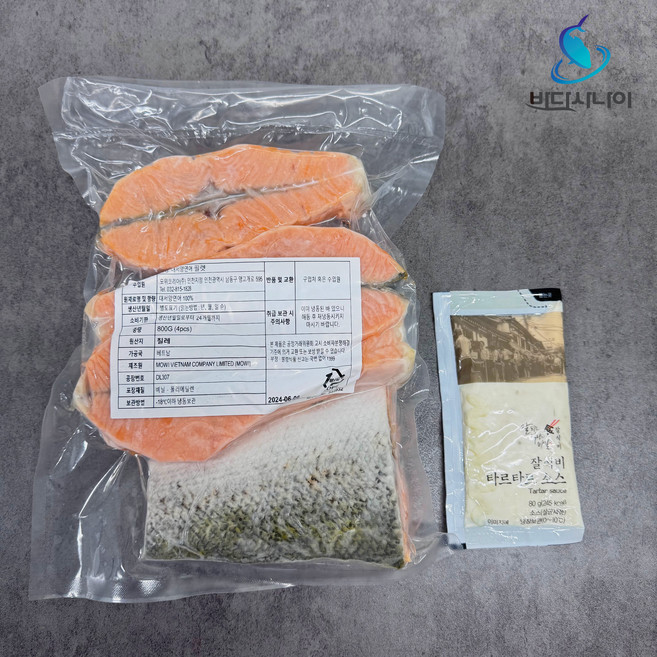 바다사나이 냉동연어 스테이크용 800g 4개입 잘식비 타르타르소스 80g 증정, 1개, 스테이크용 냉동연어 800g