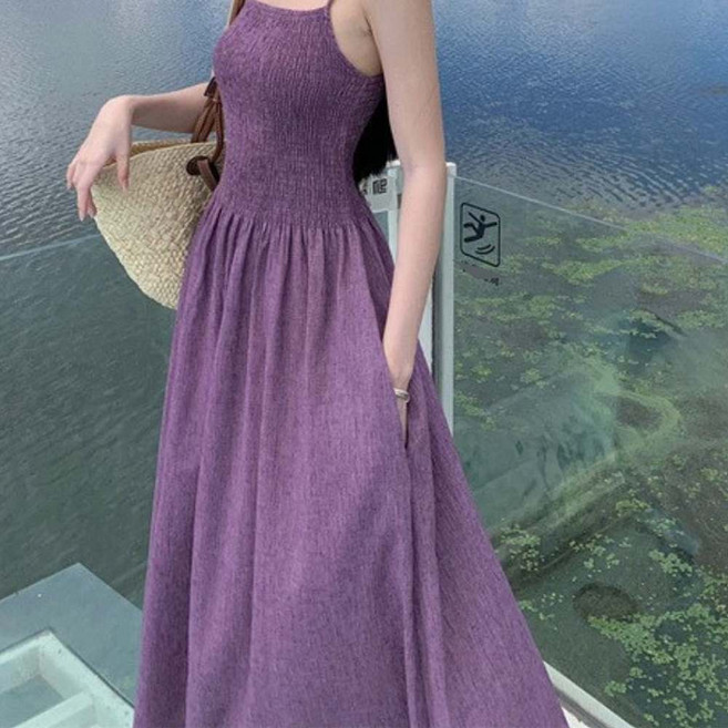 블랙루비스 롱 원피스 셔링 끈 나시 여름휴가룩 데일리핏 플레어 A라인 라벤더