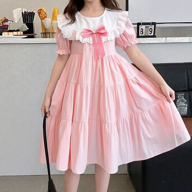 Toruva어린이 귀여운 레이스 네크라인 분홍색 사랑스러운 원피스 반팔 풍선 A라인14세 이상