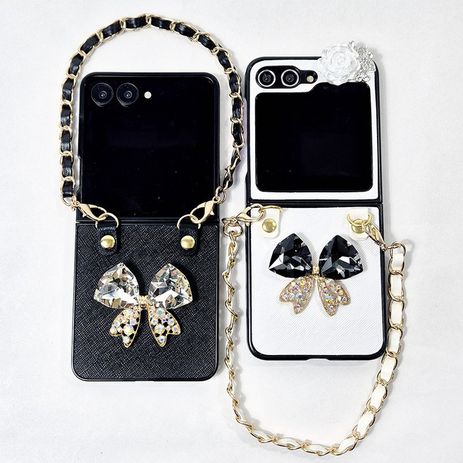 뉴욕마켓 z플립7 스트랩 힌지보호 데코덴 리본 큐빅 가죽 케이스