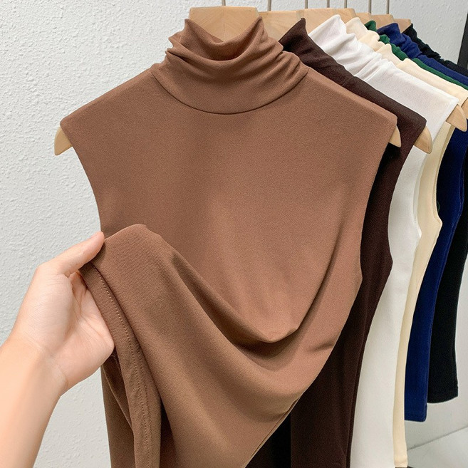 FANSYLI 폴라 망사 티셔츠 봄여름 여성 이너 민소매 티셔츠 솔리드 스판 조거 나시 상의 W2507J14