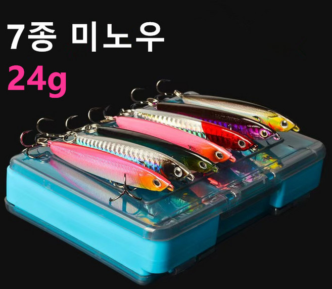 삼치 농어 루어낚시미끼세트 싱킹 로켓미노우 양면태클박스 24g 7p, 1개, 180g, 7종