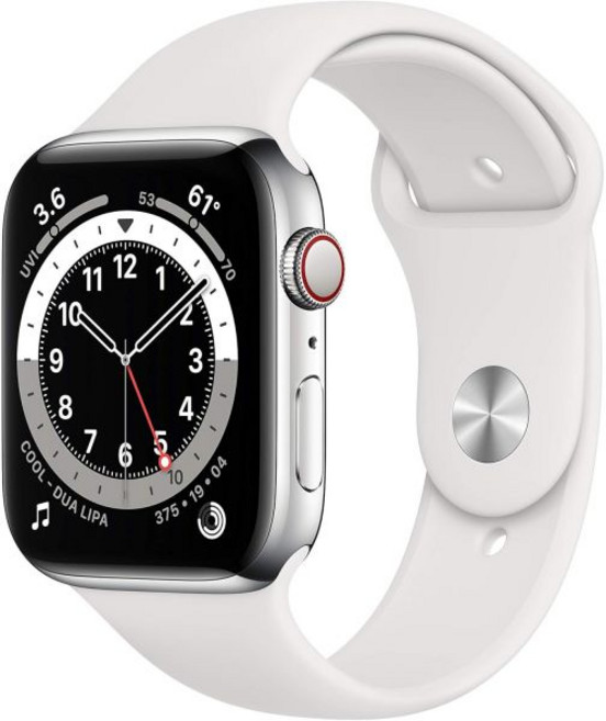 애플 워치 시리즈 6 GPS 셀룰러 44mm - 은색 스테인리스 스틸 케이스와 화이트 스포츠 밴드 리퍼비시