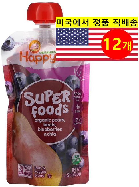Happy Family Organics 12개월 이상 유아용 4단계 오가닉 과일 곡물 채소 퓨레 이유식 120g 6개, 12개
